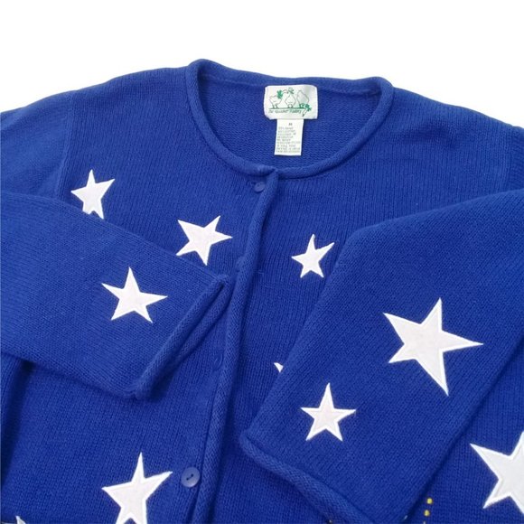 The Quacker Factory Women's M Blue Stars Stripes Flag Cardigan Sweater - Picture 2 of 7
